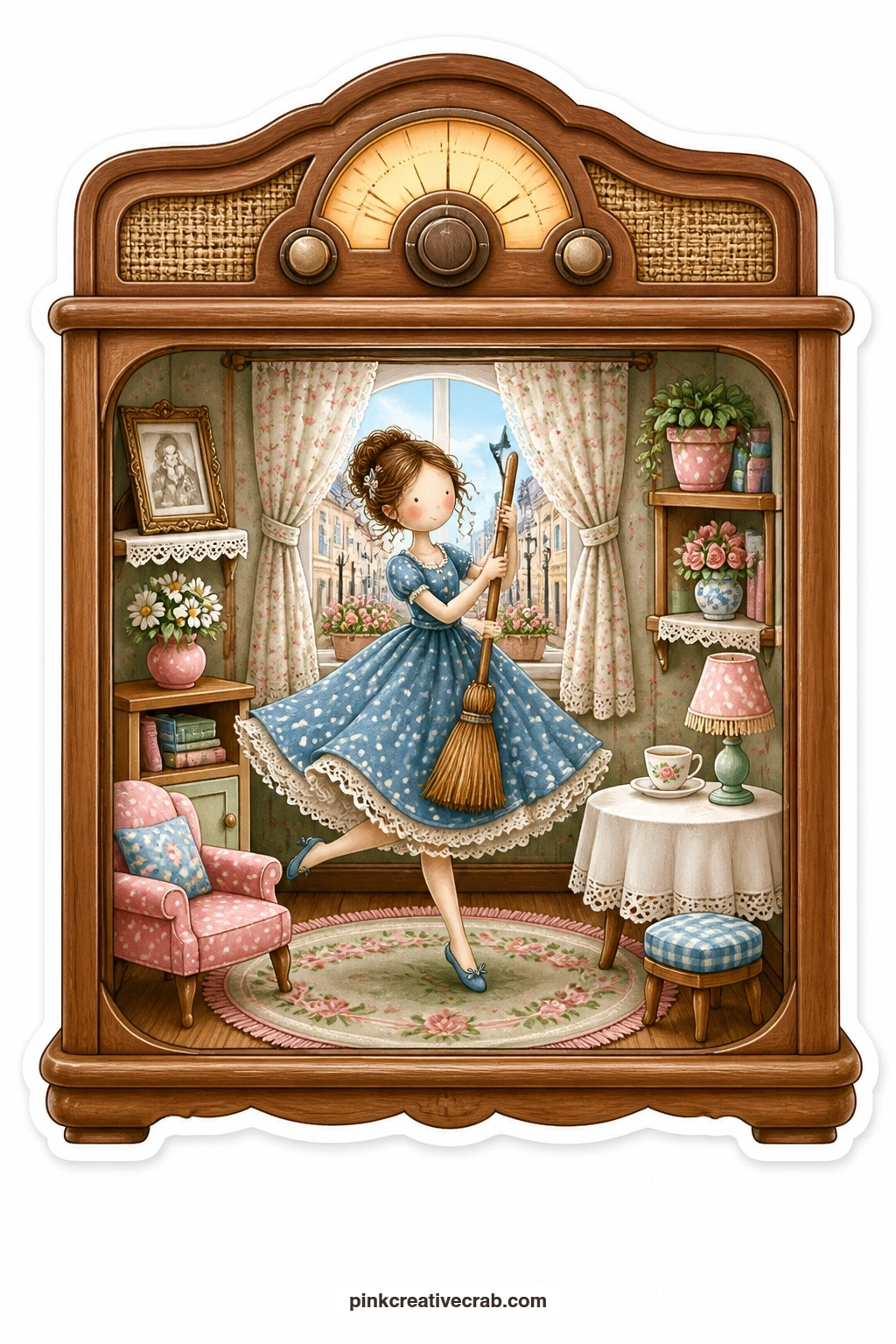 The Radio Cabinet Parlor printable page — Music spills from the old radio cabinet as a young woman dances with a broom for a partner, a sunny street drifting