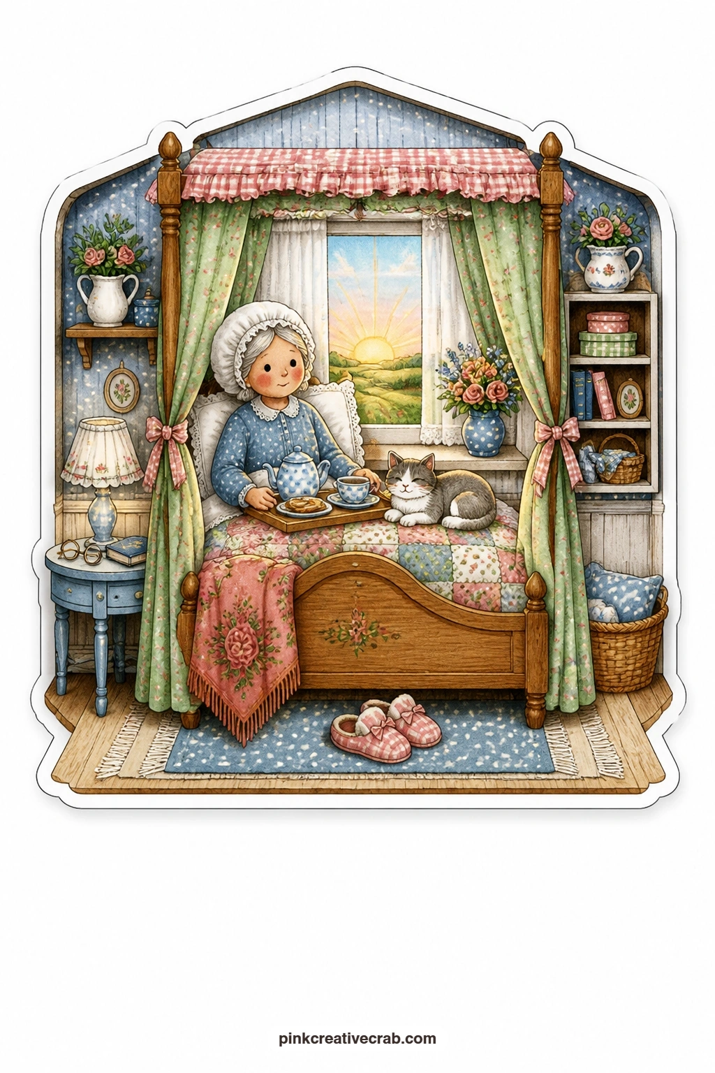 The Four-Poster Bed Room printable page — Breakfast arrives on a small tray as an elderly woman sits up in her four-poster bed with her cat, sunrise spreading