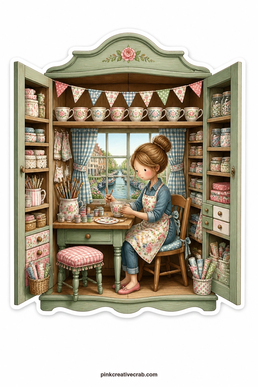The Corner Cabinet Craft Room printable page — Brush in hand, a young woman paints a delicate pattern onto a teacup at her small worktable, a canal with little