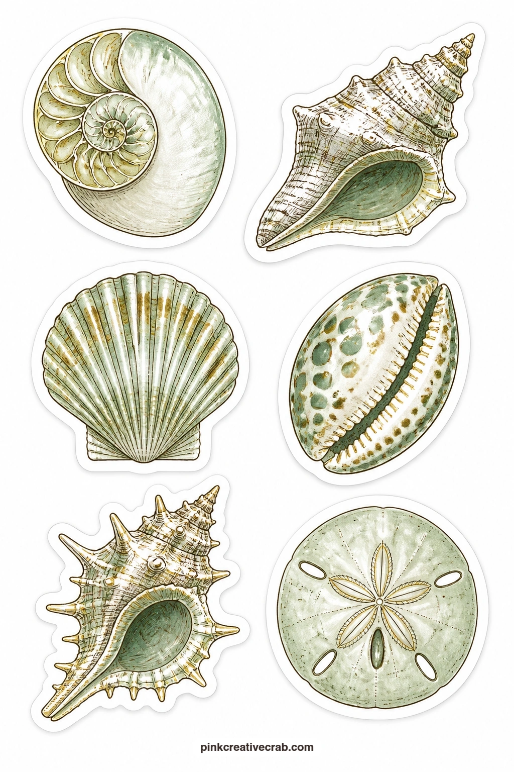 Seashell Collection Stickers printable page — Tucked into the corner of a beach-themed spread or along the edge of a travel journal, this sheet carries a
