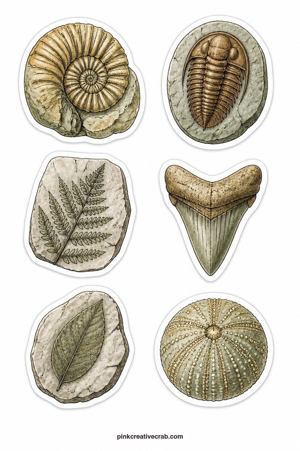 Fossil Specimen Stickers printable page — Leave a thin white border when you cut the spiral ammonite and the trilobite, since their curved edges tear easily if