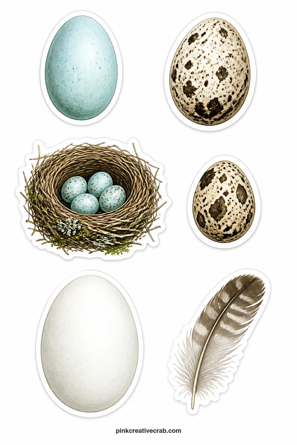 Bird Egg and Nest Stickers printable page — Speckled and smooth in turn, this sheet holds a robin egg, a heavily speckled egg, a small nest cradling eggs, a