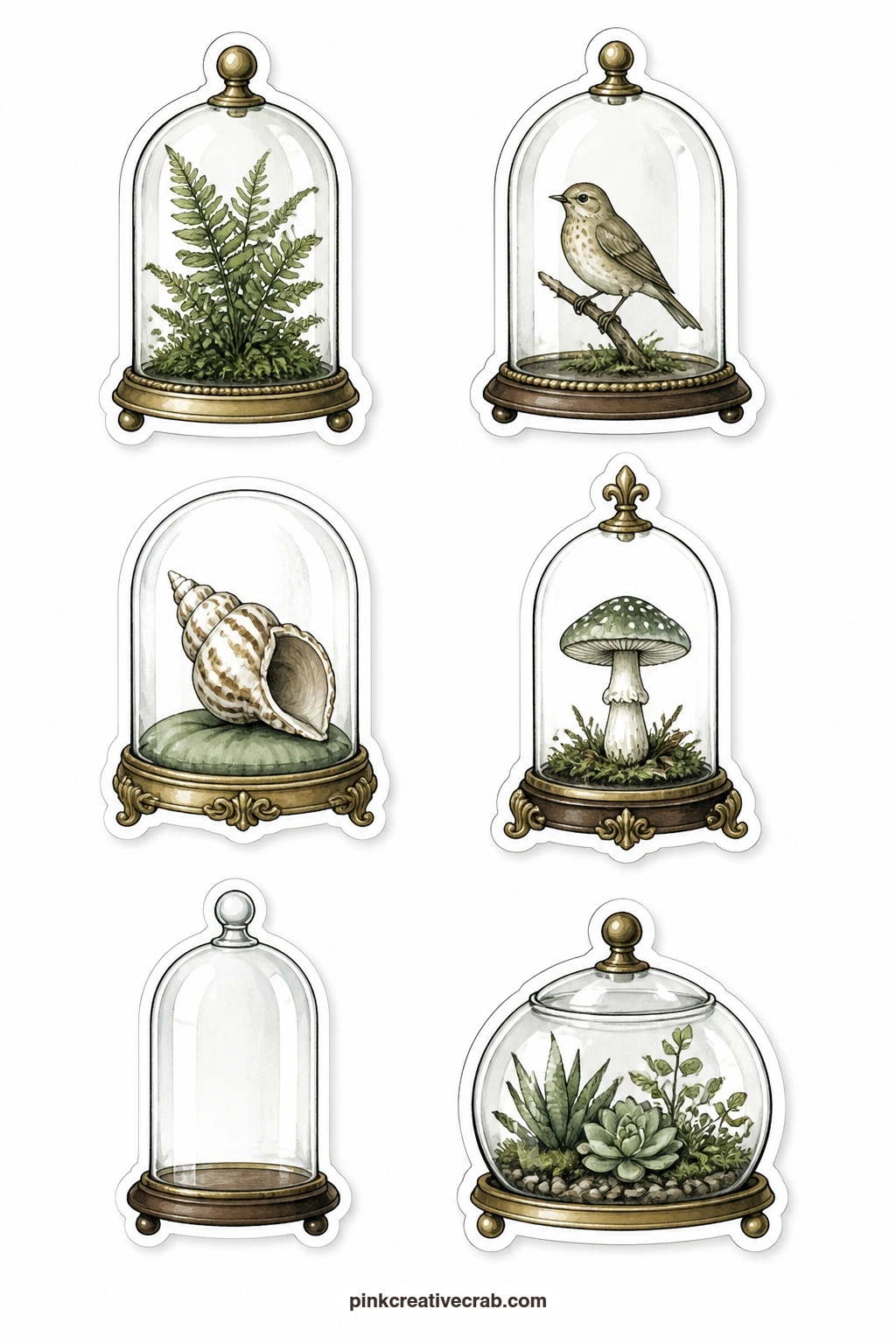 Glass Dome Curiosity Stickers printable page — These domes make quiet, old-fashioned focal points for a page about collecting or curiosity: a cloche sheltering