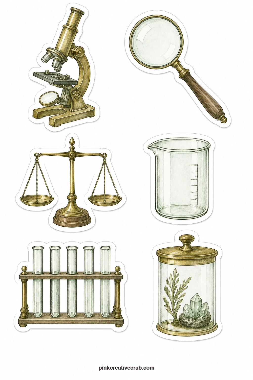 Old Scientific Tool Stickers printable page — Pair this sheet with the glass dome stickers above for a full naturalist's desk across one spread, tools on one