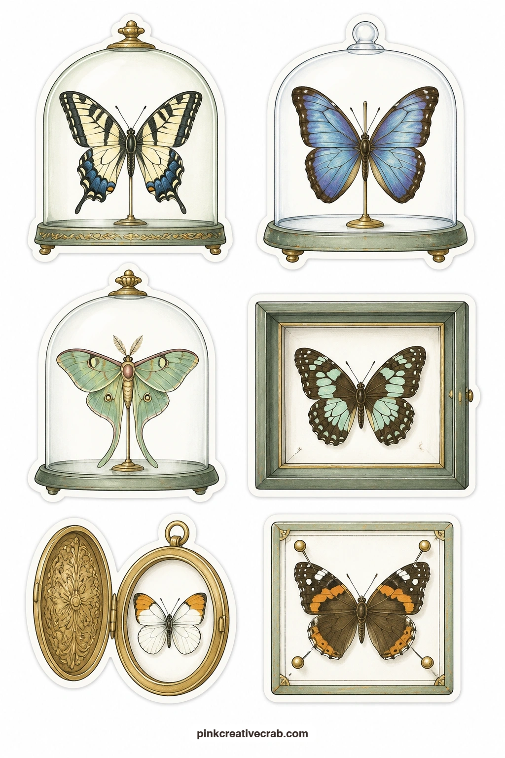 Butterflies Under Glass Stickers printable page — For a page that leans further into specimen collecting, the vintage butterfly stickers and junk journal