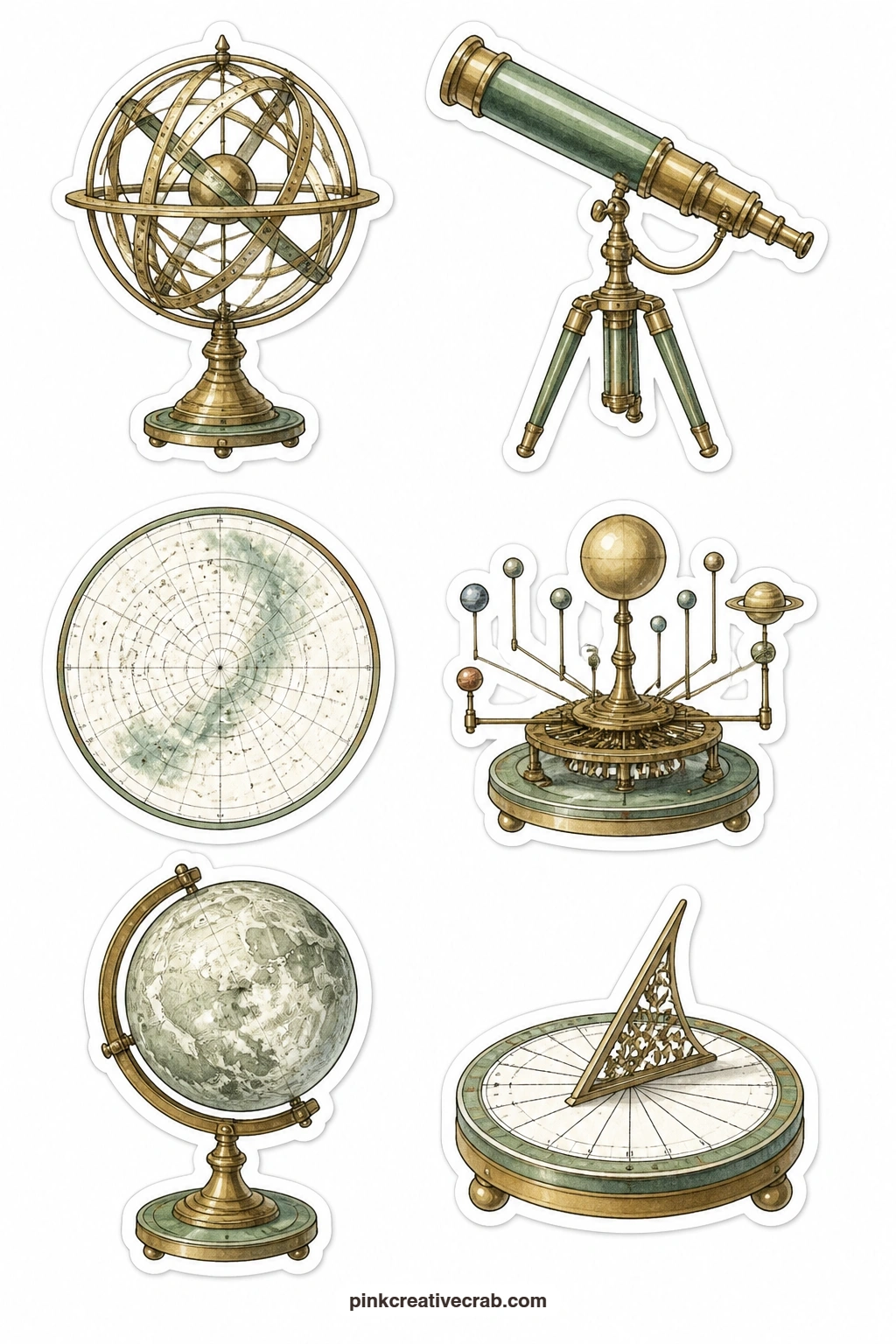 Celestial Instrument Stickers printable page — These six pieces, an armillary sphere, a brass telescope, a plain star chart circle, an orrery, a moon globe and