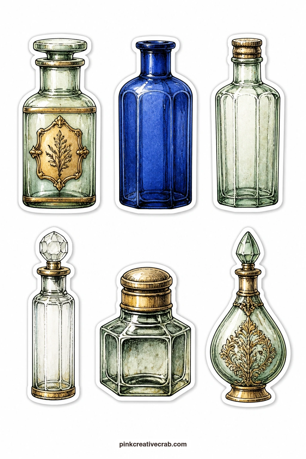 Antique Bottle Stickers printable page — Sticker paper gives these glass bottles a clean peel-and-stick finish on a glossy planner cover, while plain paper and