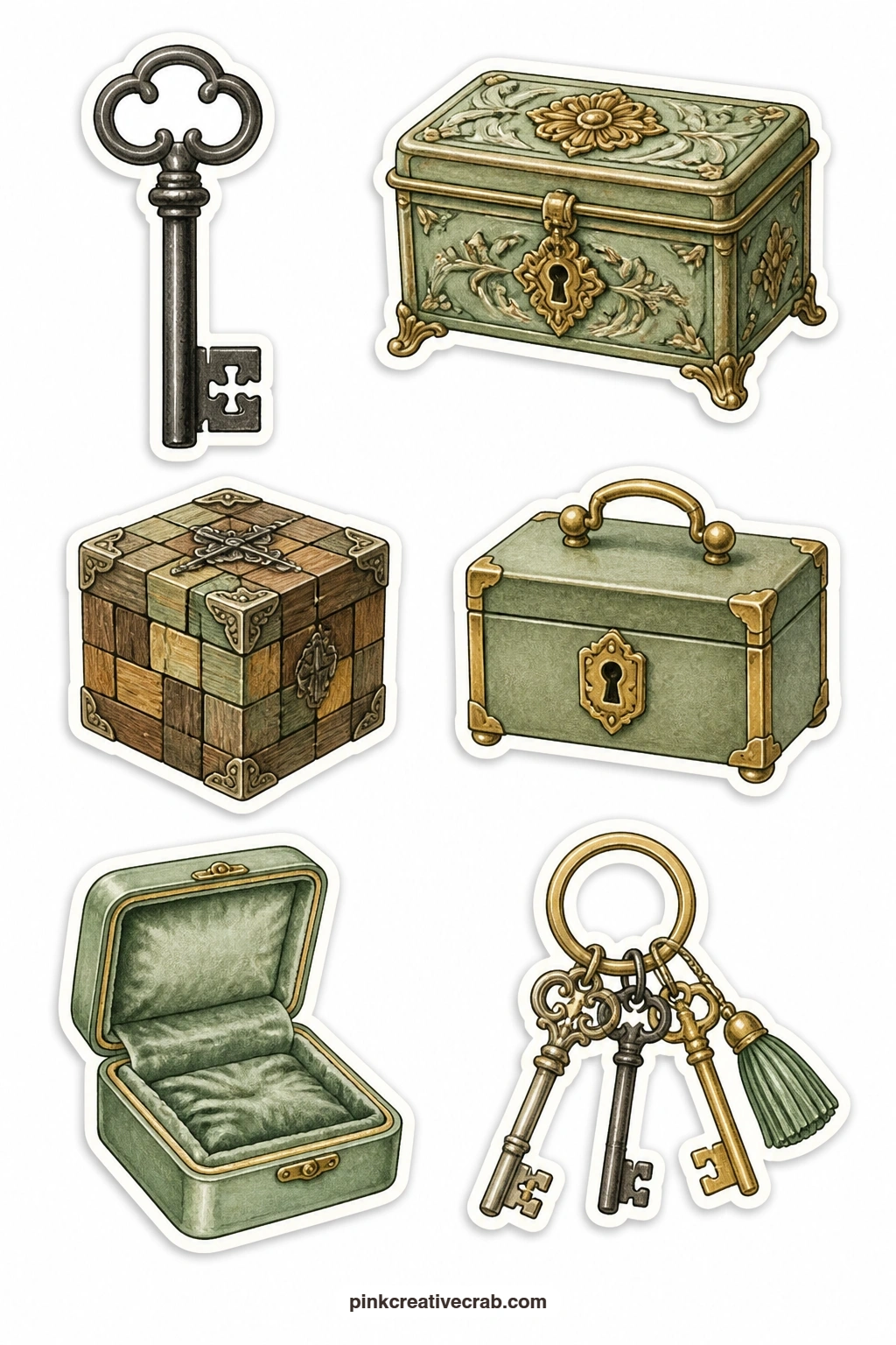 Keys and Curio Box Stickers printable page — An iron key, a carved curio box, a puzzle box, a small lock box, a velvet jewellery case and a key chain fill this