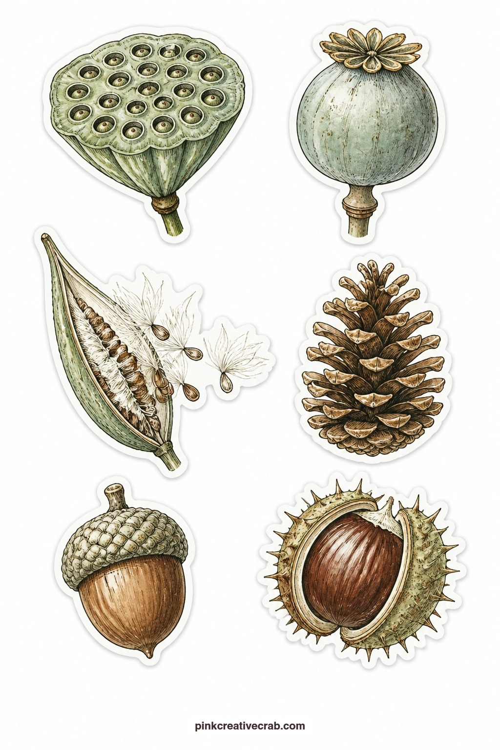 Seed and Pod Stickers printable page — These dry, textured pods work especially well on an autumn page: a lotus seed pod, a poppy pod, a milkweed pod, a
