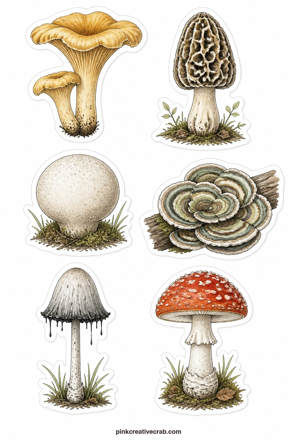 Mushroom Specimen Stickers printable page — A chanterelle, a morel, a puffball, a bracket fungus, an inkcap and a fly agaric sit on this sheet as six separate