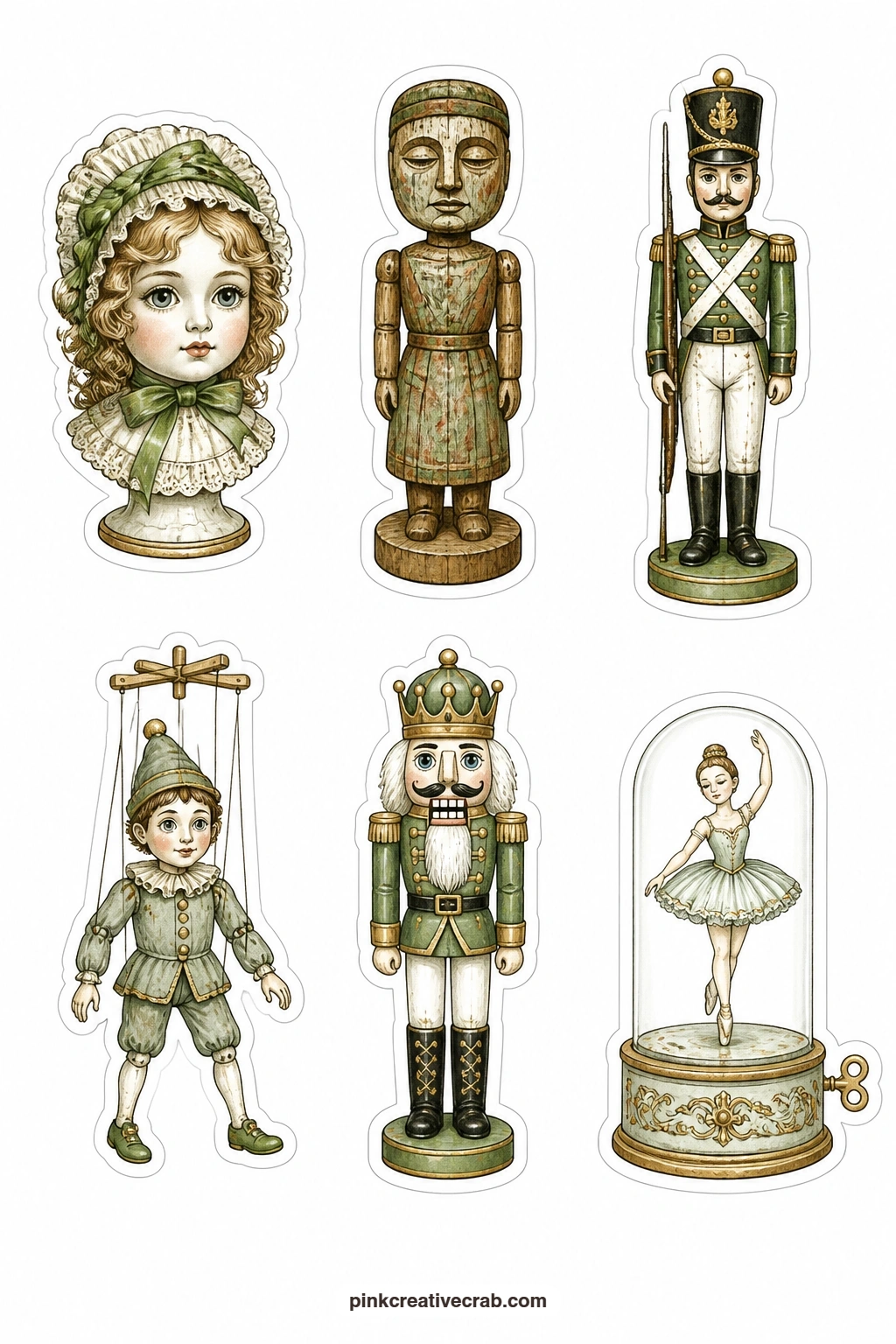 Antique Figure Stickers printable page — These six old toys and figures, a porcelain doll head, a wooden figure, a tin soldier, a marionette, a nutcracker and