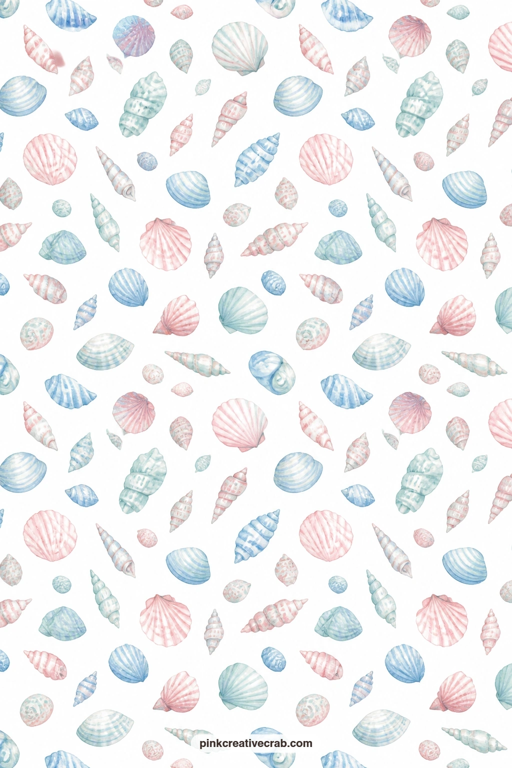 Scattered Seashell Toss Paper printable page — Small shells float loose across a clean white ground, light enough to sit under a photo without fighting it for