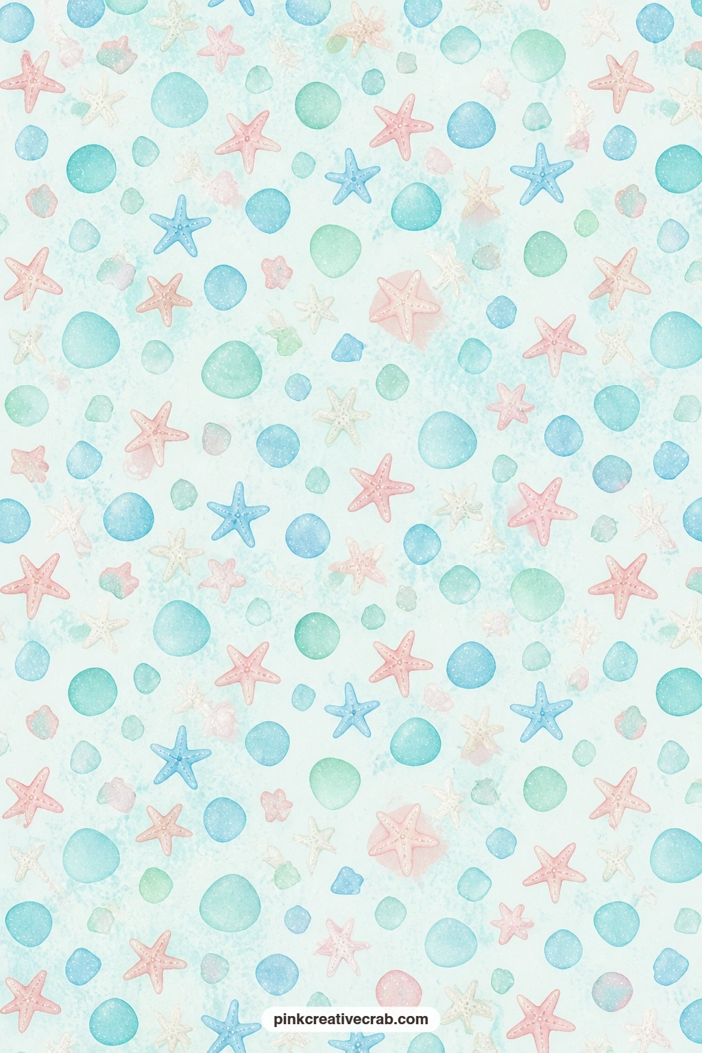 Starfish and Sea Glass Paper printable page — Starfish and little frosted sea glass pieces scatter over pale aqua, a good mat behind a shell sticker or a small