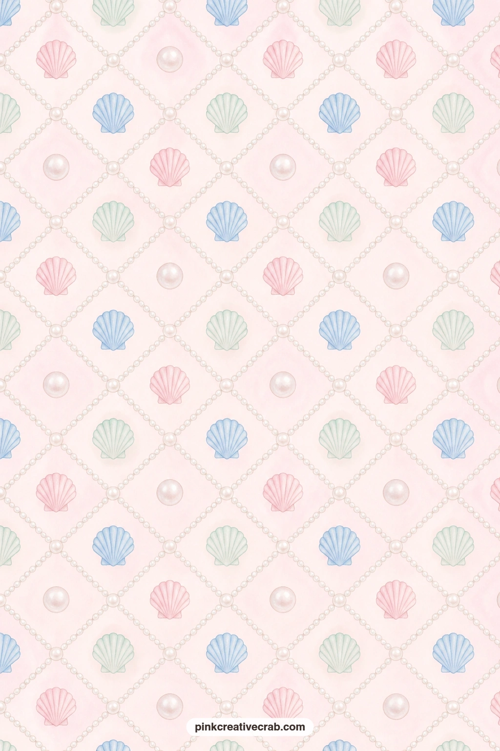 Shell and Pearl Lattice Paper printable page — Shells and tiny pearls sit inside a soft lattice on blush, a gentle base for a card mat behind a paper diorama