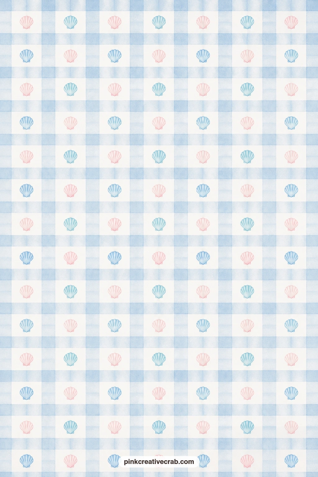 Blue Gingham Shell Paper printable page — Soft blue gingham carries tiny shells scattered through the squares, a gentle pocket lining that pairs with the