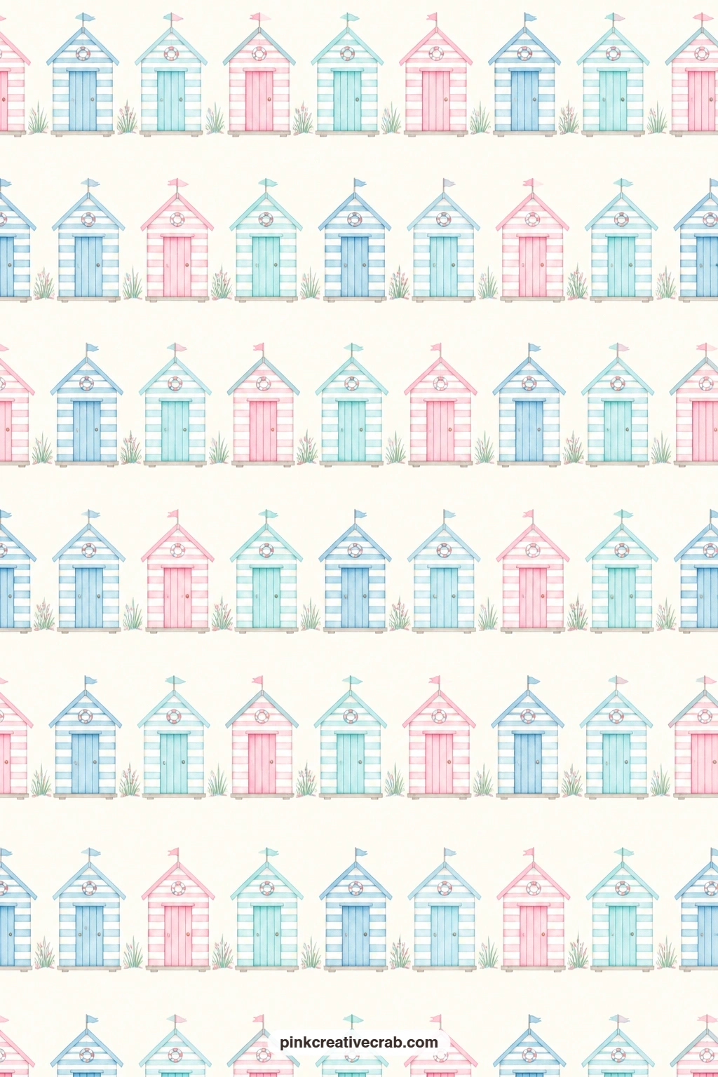Striped Beach Hut Paper printable page — Little striped beach huts line up in a tidy repeat, a good book cover for a folio of summer trip photos and ticket