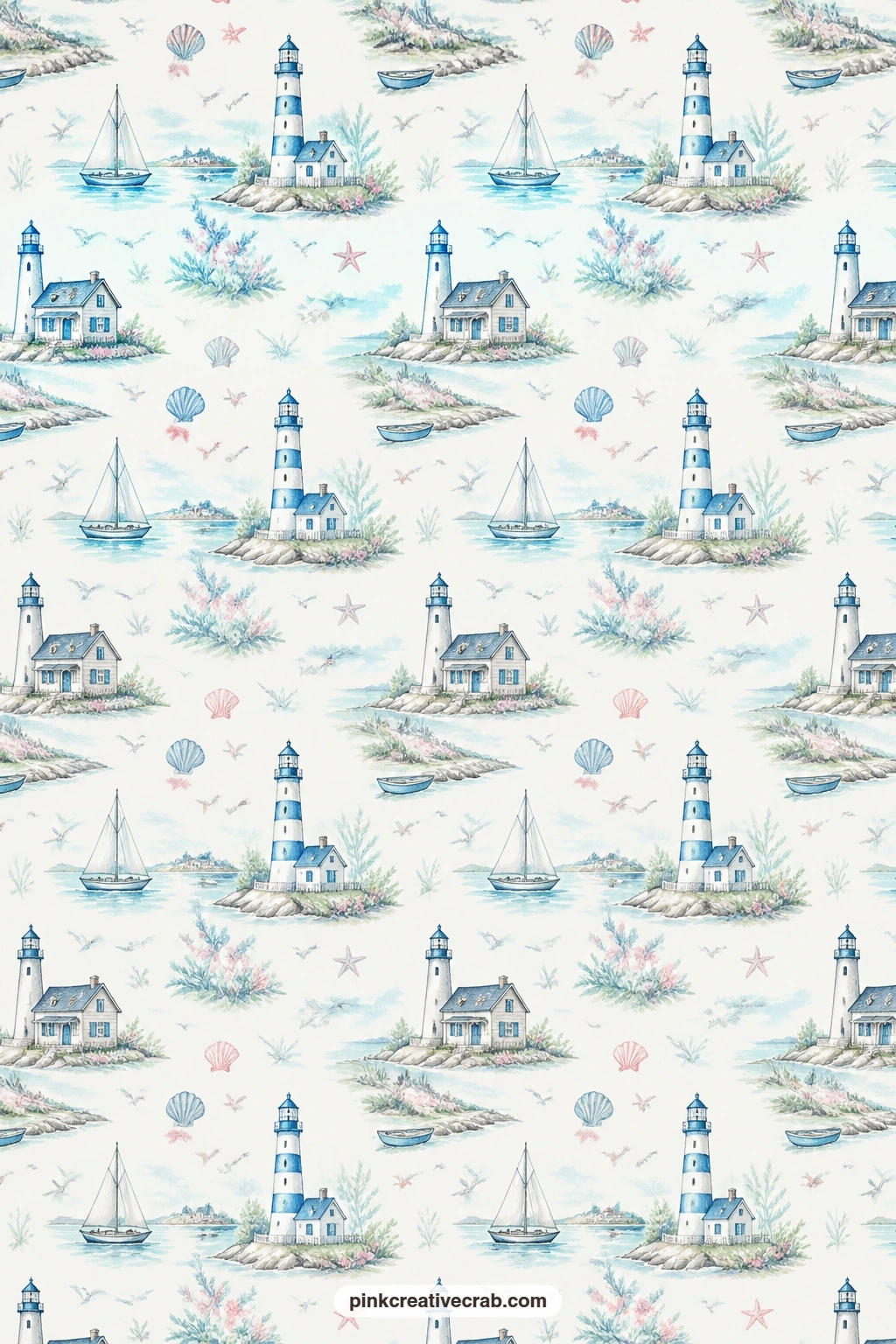 Lighthouse Seaside Toile Paper printable page — A blue toile scene of lighthouses and cottages covers the sheet, a strong cover choice for a travel folio or a