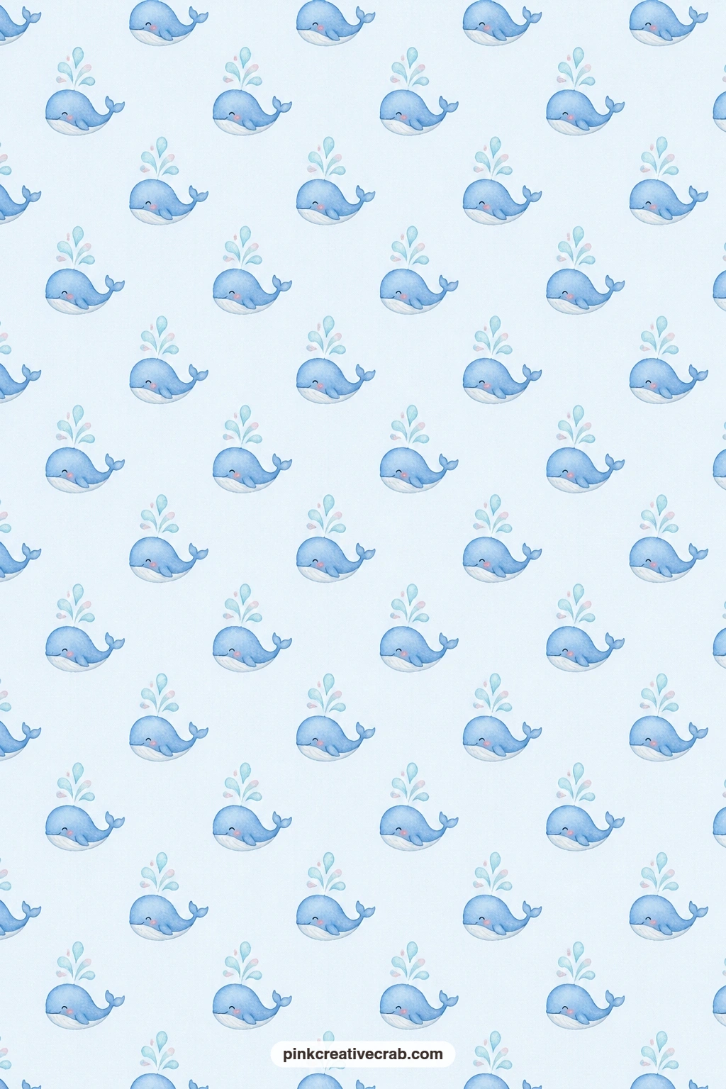Whale Spout Half-Drop Paper printable page — Whales spouting water repeat in a half-drop pattern on pale blue, a playful base for a kids' summer card or a