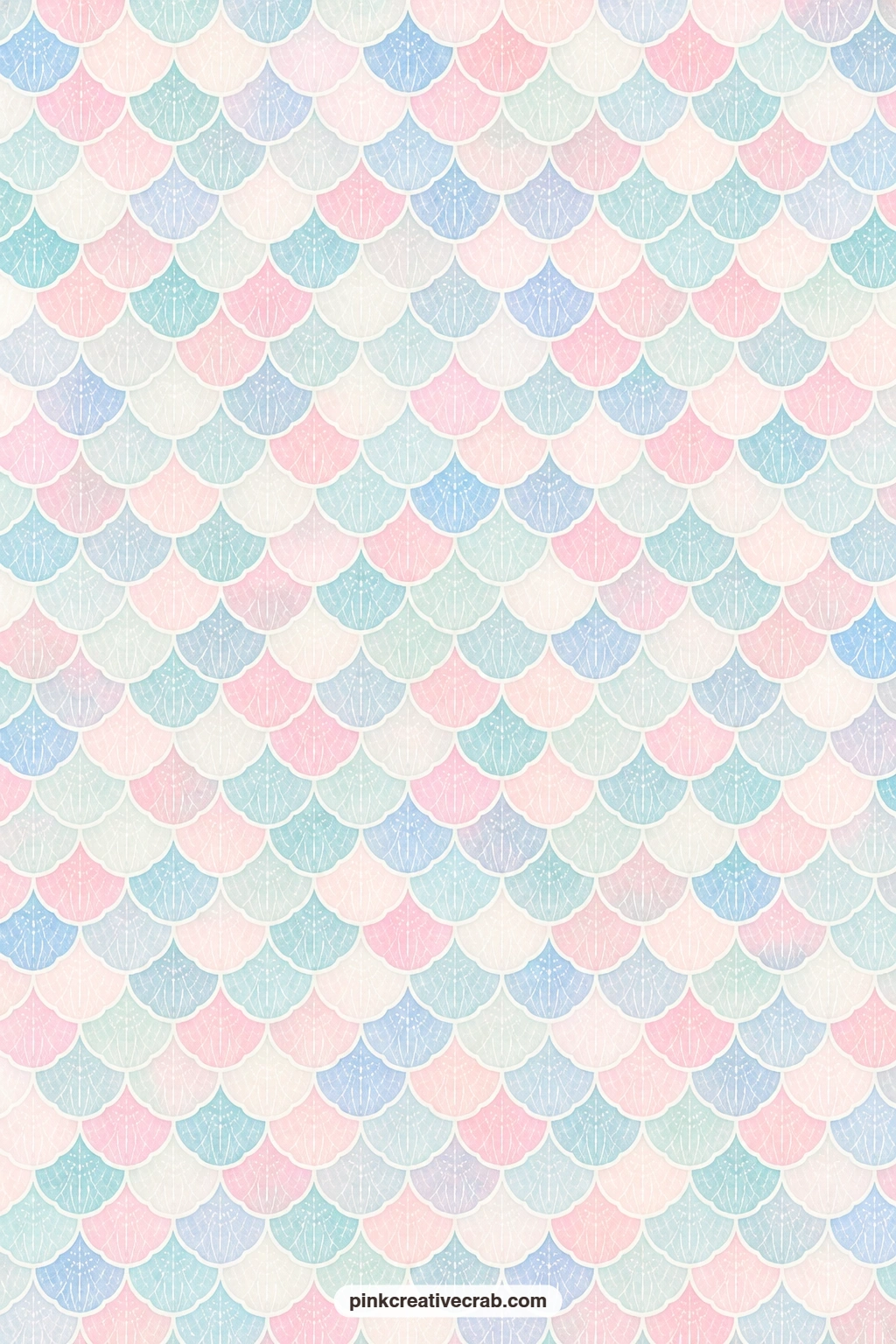Pastel Mermaid Scale Paper printable page — A soft overlapping scale pattern in pastel shades covers the sheet, a dreamy wrap for a small gift tied with