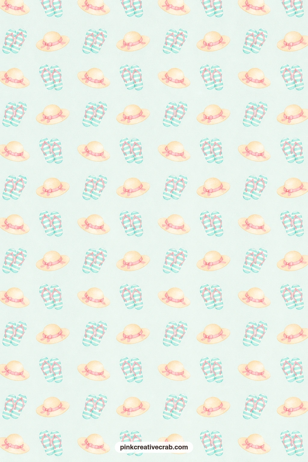 Sun Hat and Sandal Icon Paper printable page — Sun hats and sandals repeat as little icons on pale aqua, a fun pocket lining for a summer packing list page.