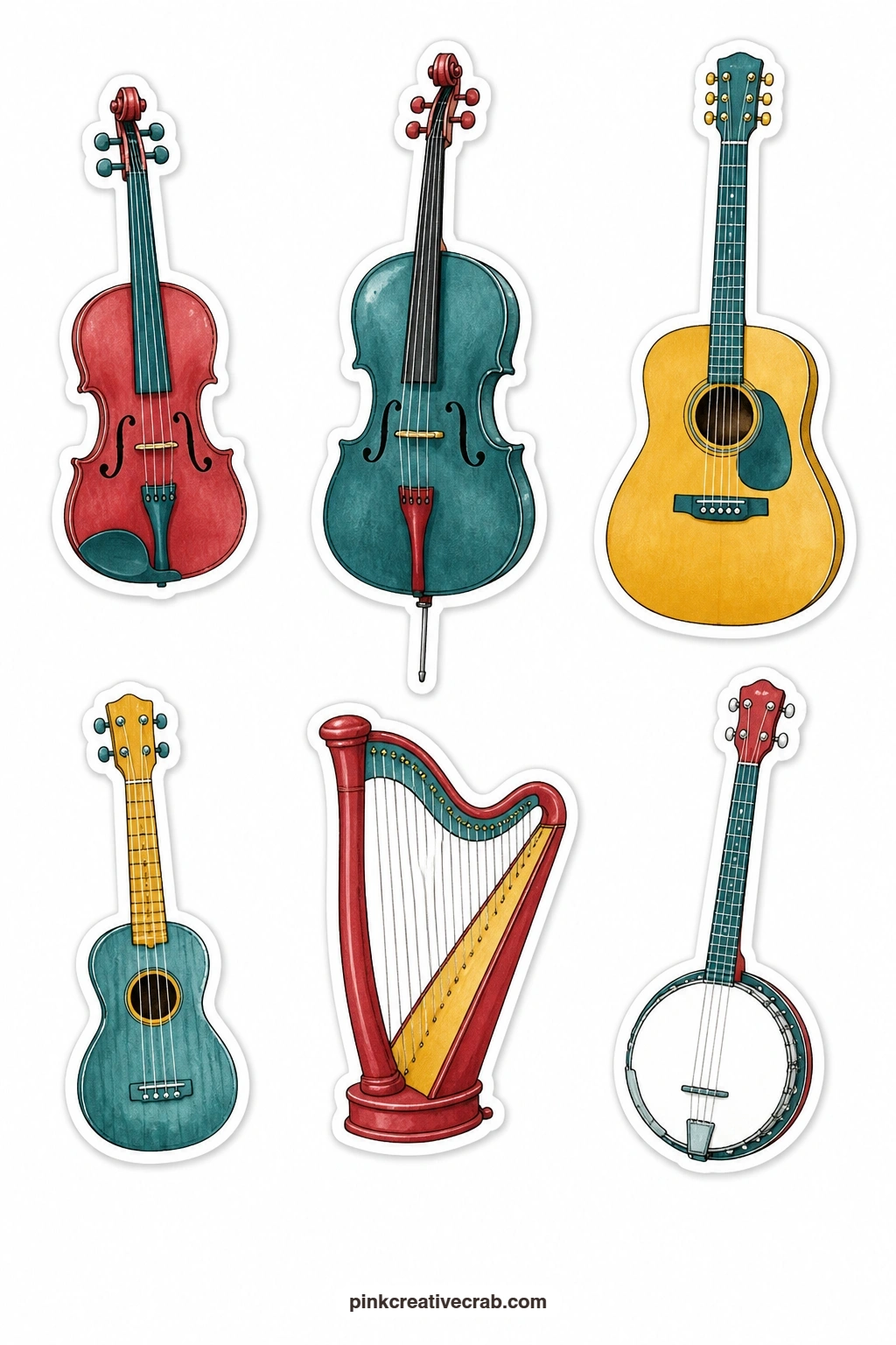 String Instruments Stickers printable page — Here is a sheet built for anyone who loves the shapes of stringed instruments: a violin, a cello, a guitar, a