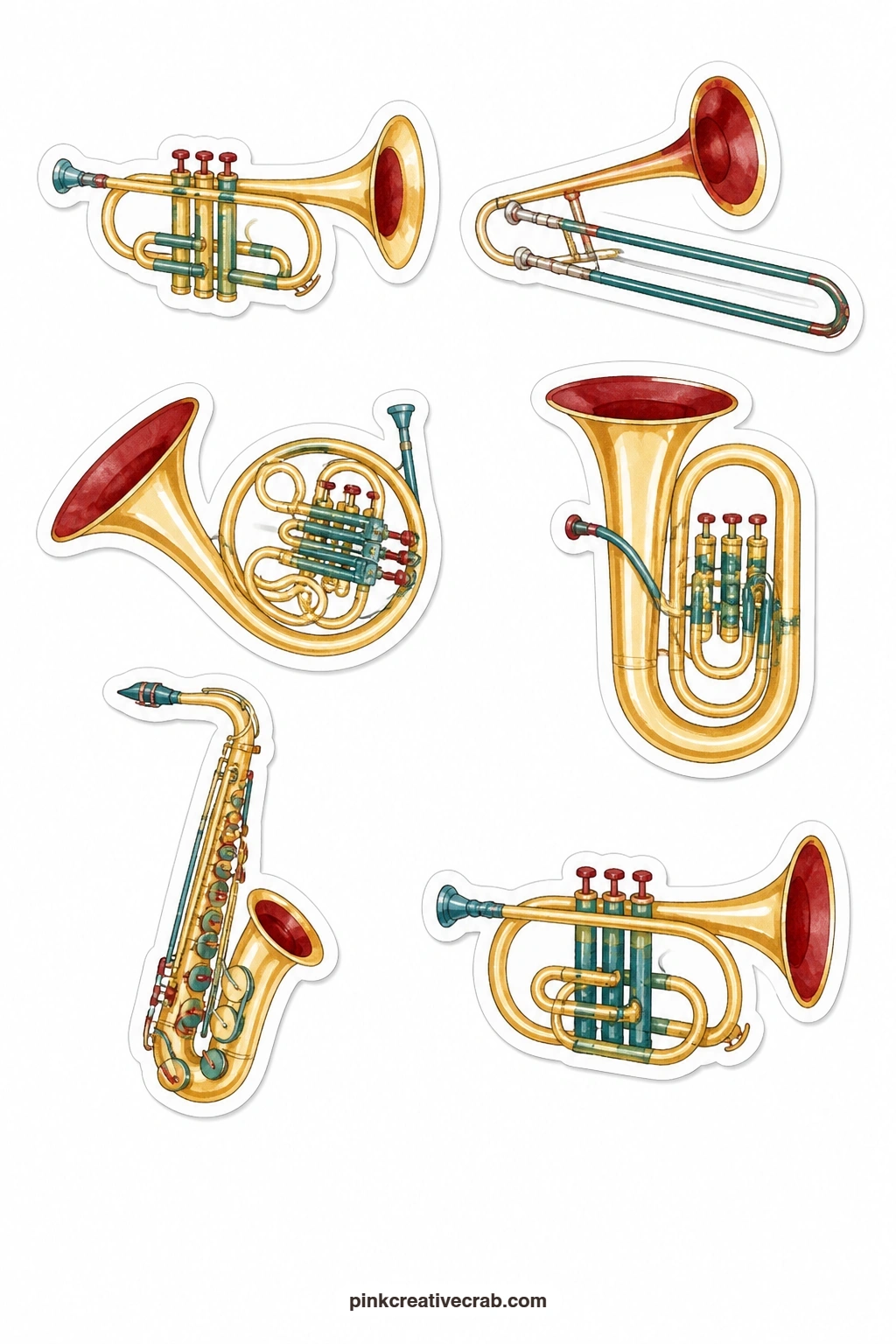 Brass Instruments Stickers printable page — Brass gets its own sheet of six instruments: a trumpet, a trombone, a French horn, a tuba, a saxophone and a