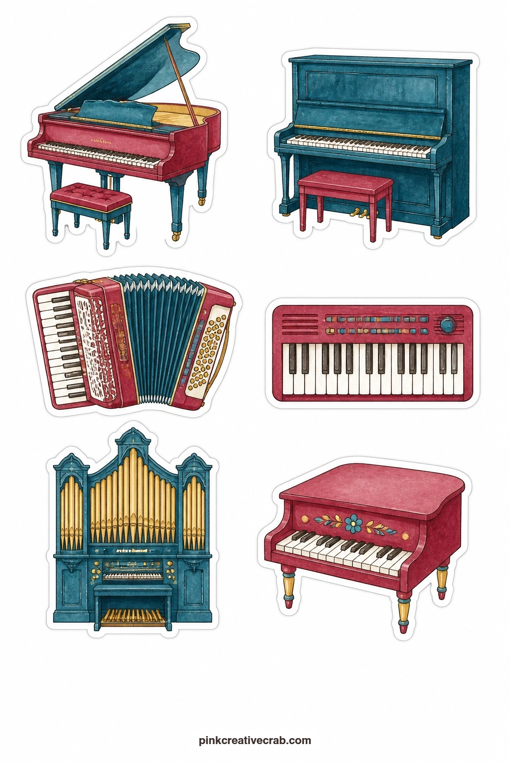 Keyboard Instruments Stickers printable page — Six keyboard instruments share this sheet: a grand piano, an upright piano, an accordion, a keyboard, an organ