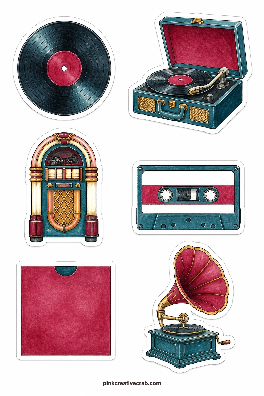 Records and Players Stickers printable page — This sheet turns to listening rather than playing, with a vinyl record, a record player, a jukebox, a cassette, a
