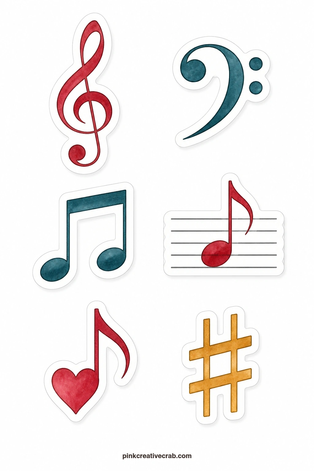 Music Symbols Stickers printable page — Small and useful, this sheet holds a treble clef, a bass clef, a pair of quarter notes, a note on a short staff, a