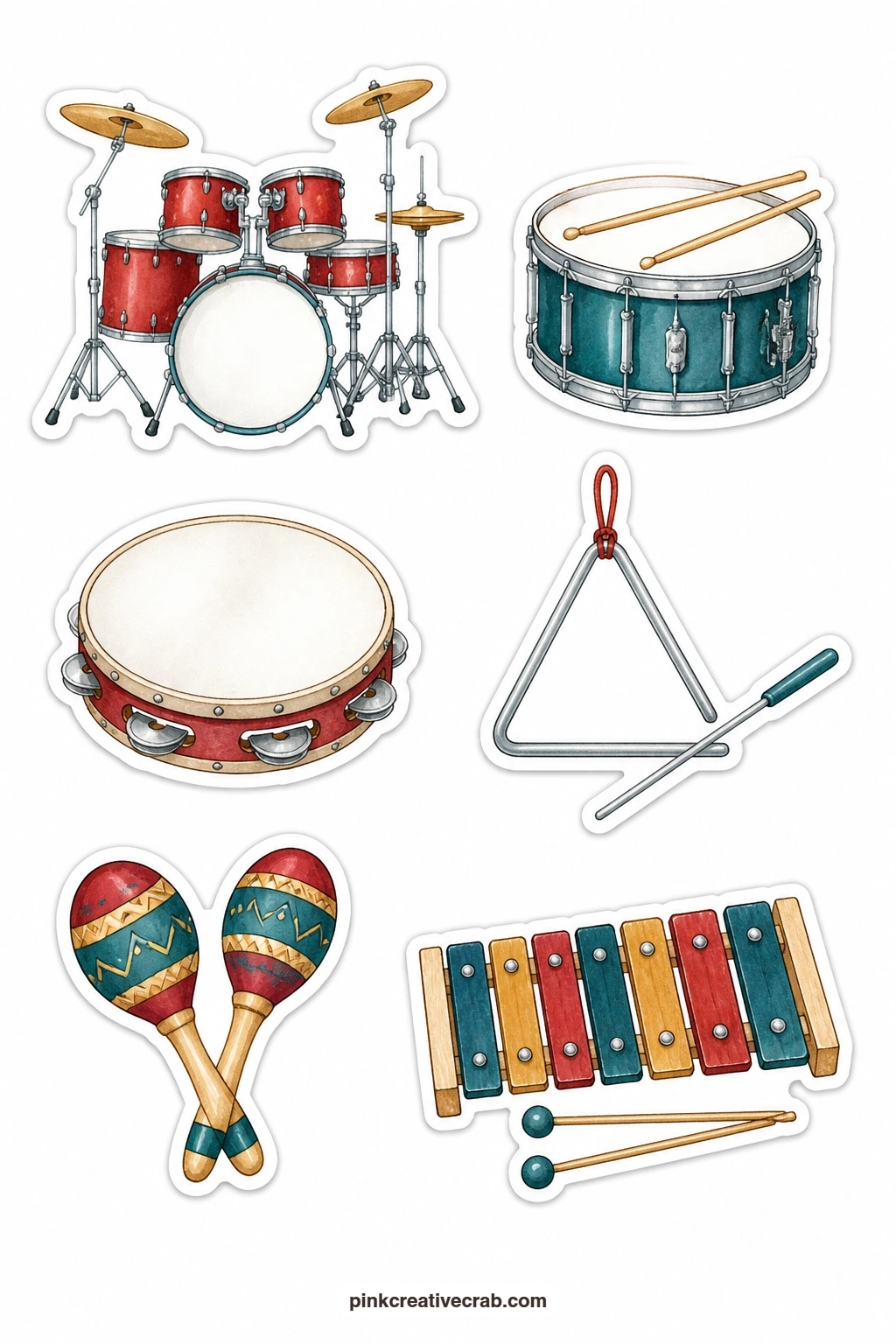 Percussion Stickers printable page — Rhythm gets a sheet of its own with a drum kit, a snare drum, a tambourine, a triangle, a pair of maracas and a xylophone
