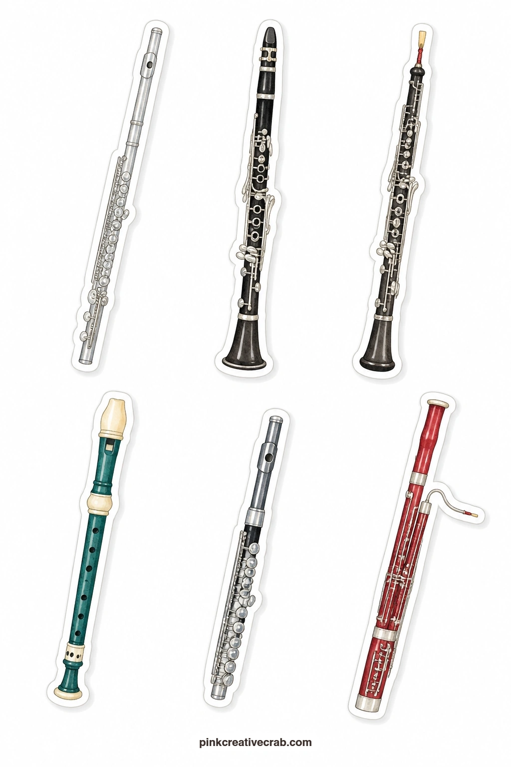 Woodwinds Stickers printable page — Woodwinds fill this sheet: a flute, a clarinet, an oboe, a recorder, a piccolo and a bassoon, drawn as six slim, separate