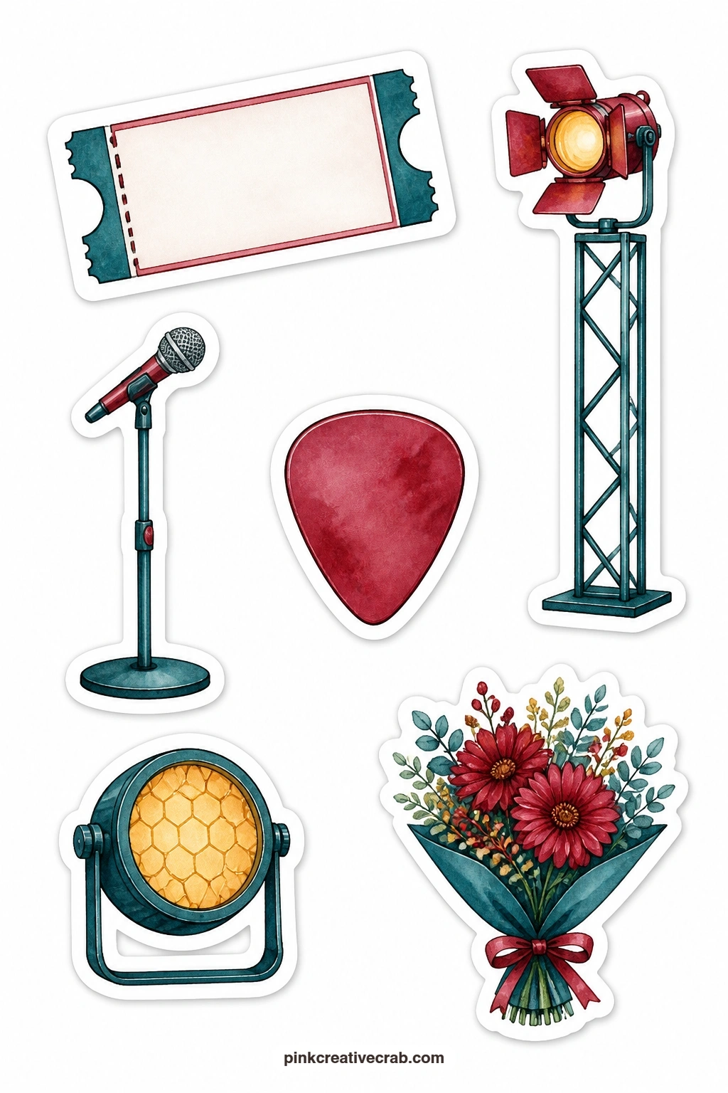 Concert Night Stickers printable page — Concert night brings together a blank concert ticket, a stage light, a microphone stand, a guitar pick, a spotlight and