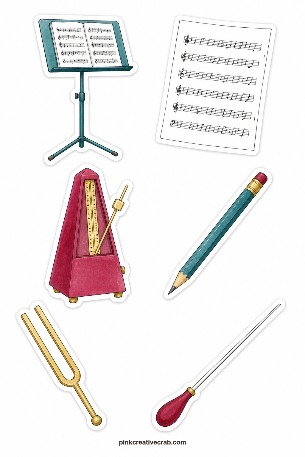Sheet Music Things Stickers printable page — Practical pieces fill this sheet: a music stand, a page of sheet music, a metronome, a pencil, a tuning fork and a