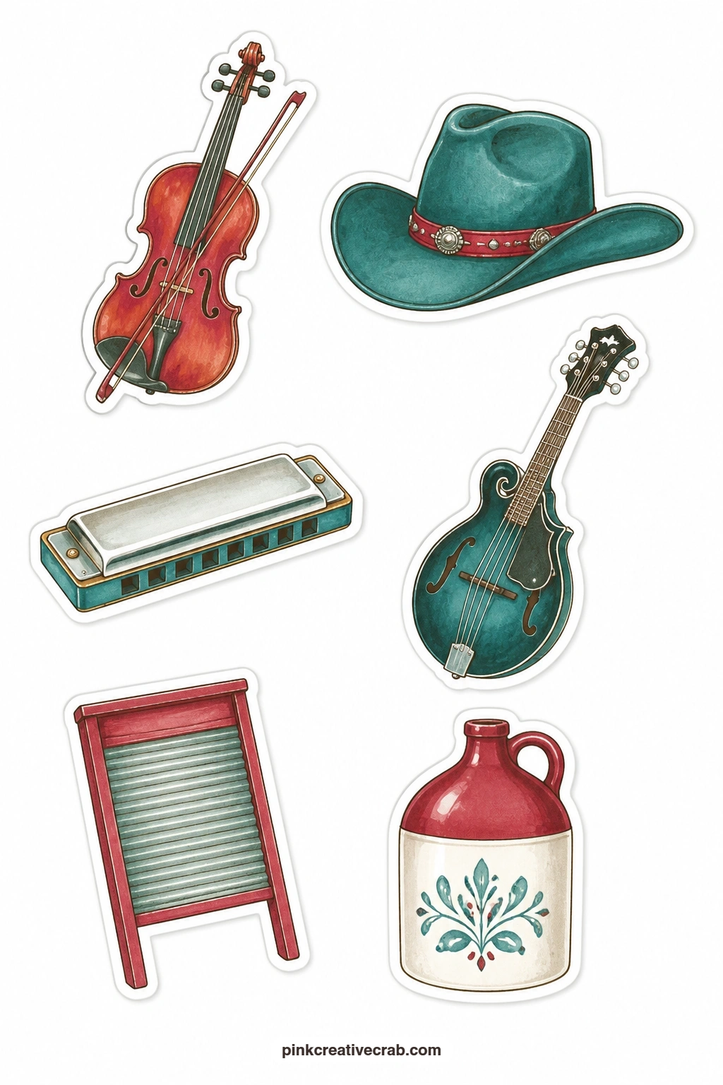 Folk and Country Stickers printable page — This sheet leans rustic with a fiddle, a cowboy hat, a harmonica, a mandolin, a washboard and a jug, six objects for