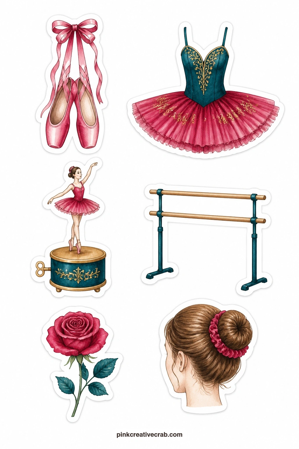 Ballet and Dance Stickers printable page — Dance gets its own gentle sheet: a pair of ballet shoes, a tutu, a music box ballerina, a ballet barre, a rose and a