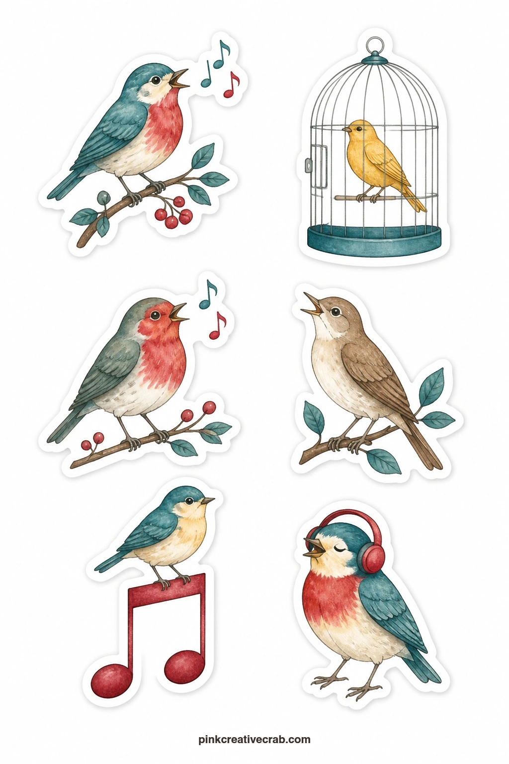 Birds Singing Stickers printable page — Birdsong gets a sheet of its own: a songbird, a canary in a cage, a robin singing, a nightingale, a bird perched on a