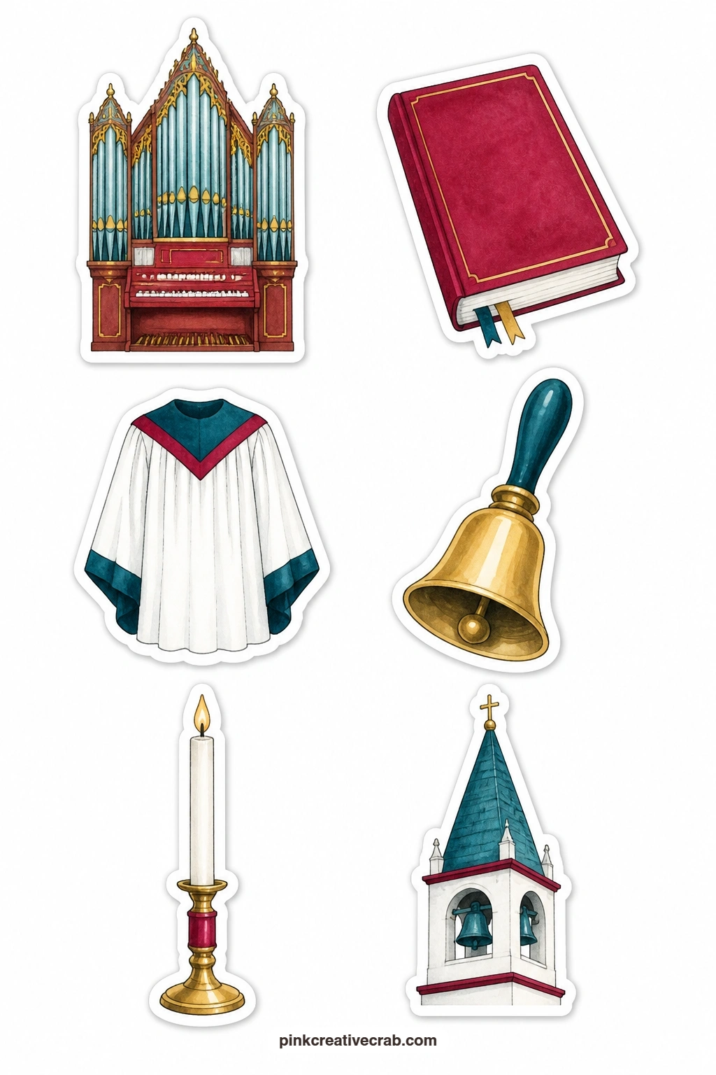 Church Music Stickers printable page — Quiet and formal, this sheet holds a pipe organ, a hymn book with a blank cover, a choir robe, a handbell, a candle and