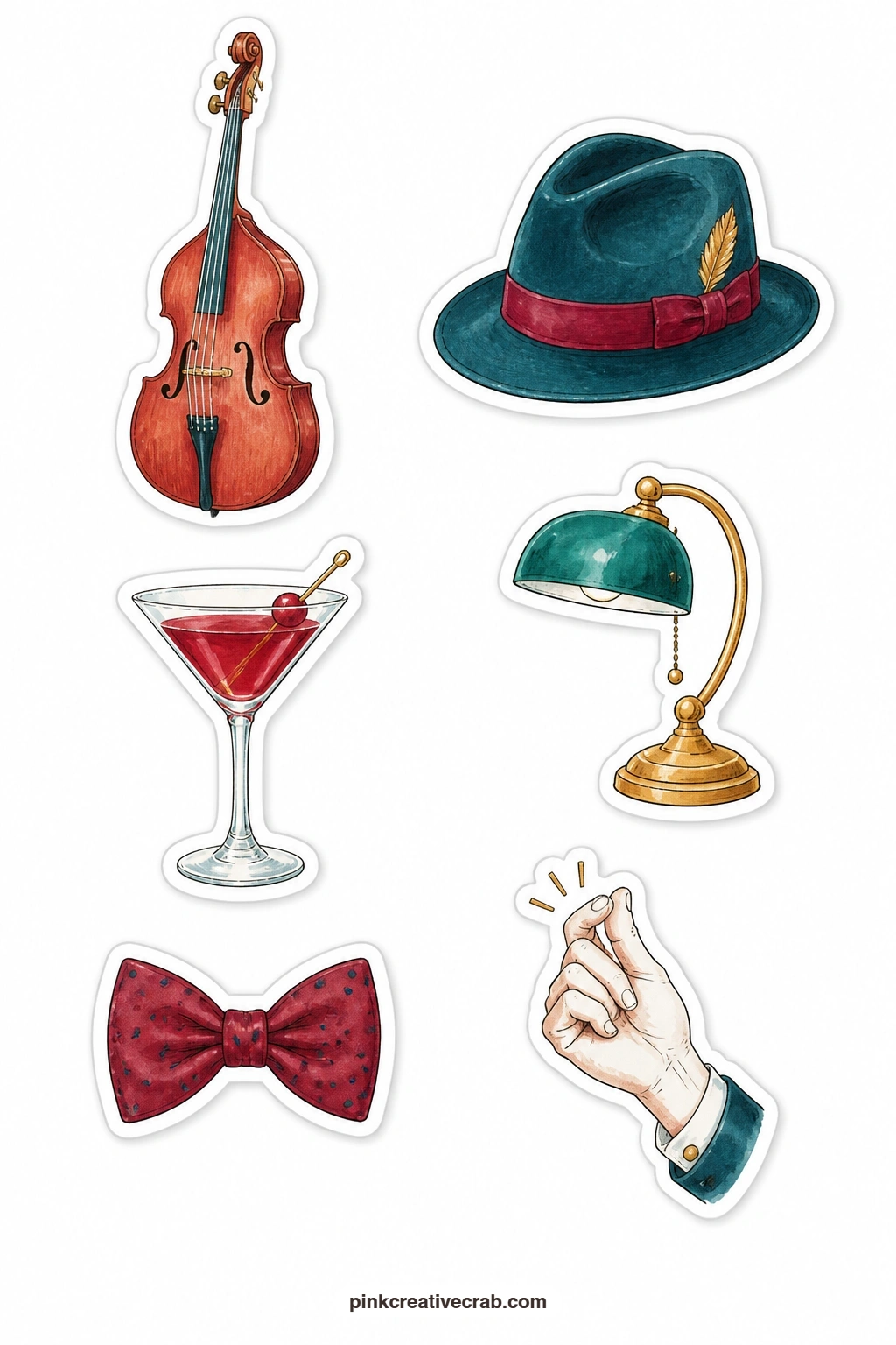 Jazz Night Stickers printable page — Jazz night brings a double bass, a fedora, a cocktail glass, a piano lamp, a bow tie and a snapping hand, six pieces with