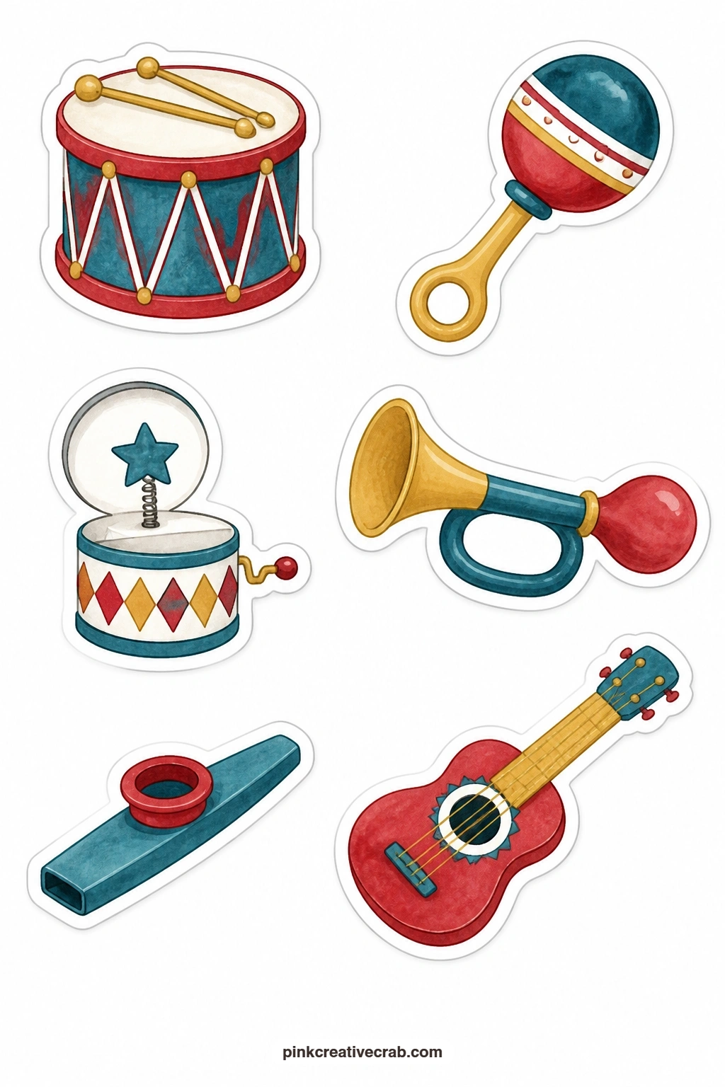 Toy Instruments Stickers printable page — Playful and simple, this sheet gathers a toy drum, a rattle, a music box, a toy horn, a kazoo and a toy guitar, a