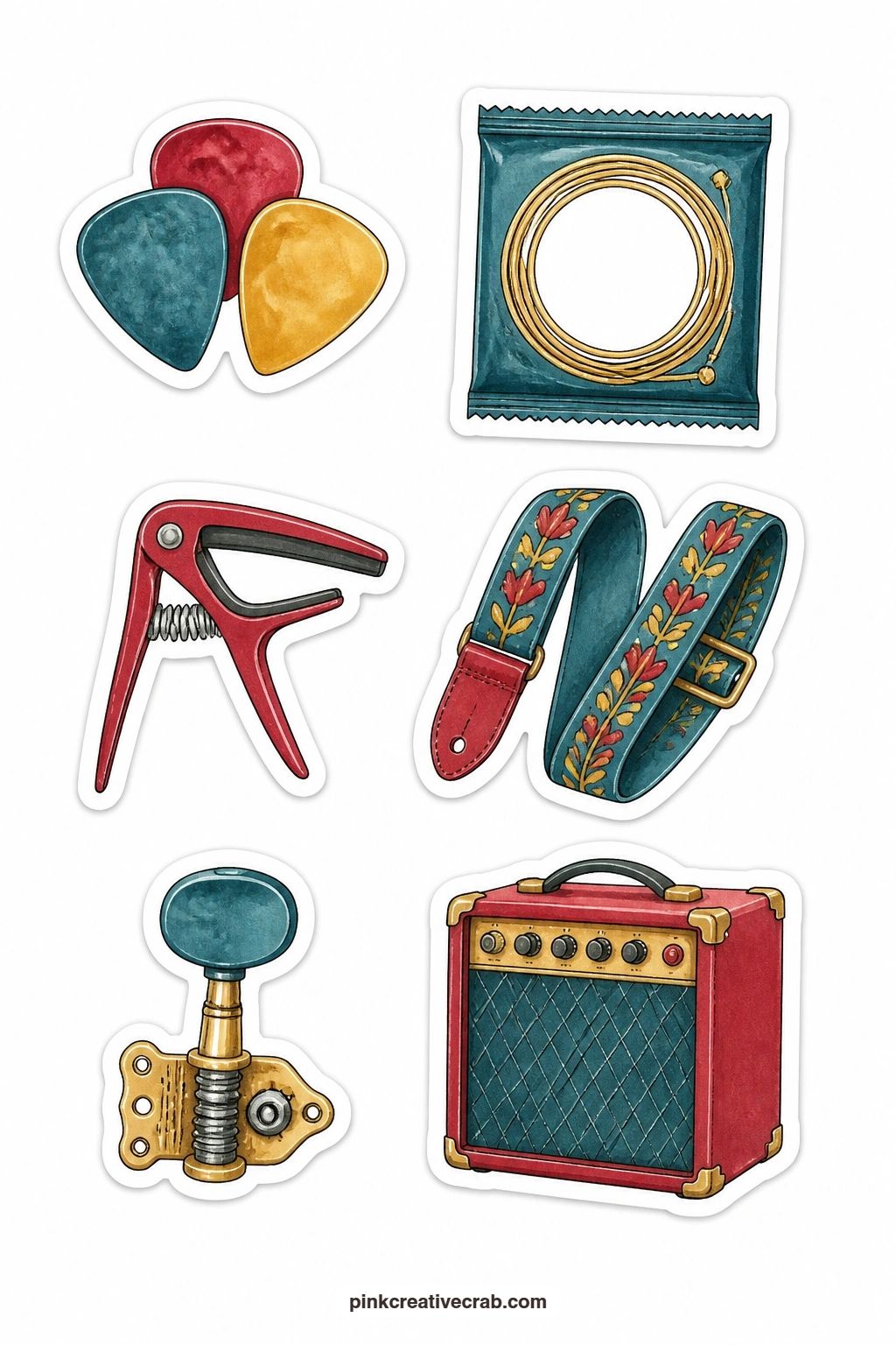 Guitar Things Stickers printable page — Guitar players get a sheet of accessories rather than the instrument itself: a set of guitar picks, a pack of strings