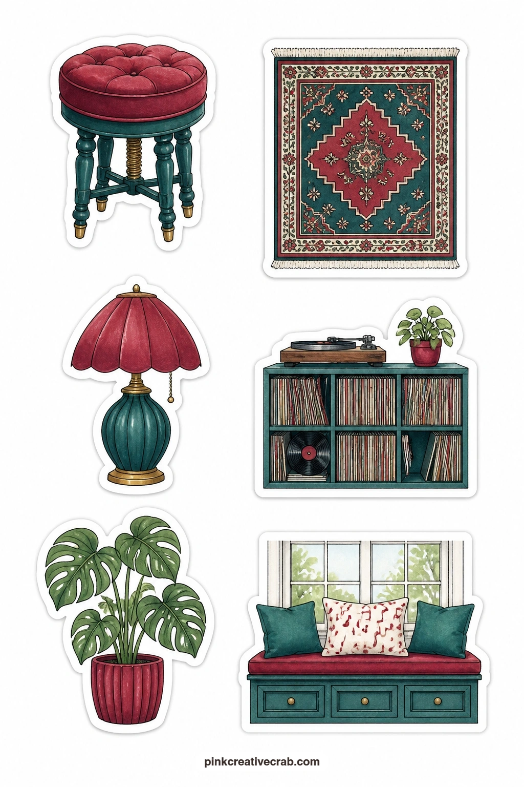 Music Room Stickers printable page — Last in the set, this sheet sketches out a cosy music room through its objects: a piano stool, a small rug, a lamp, a