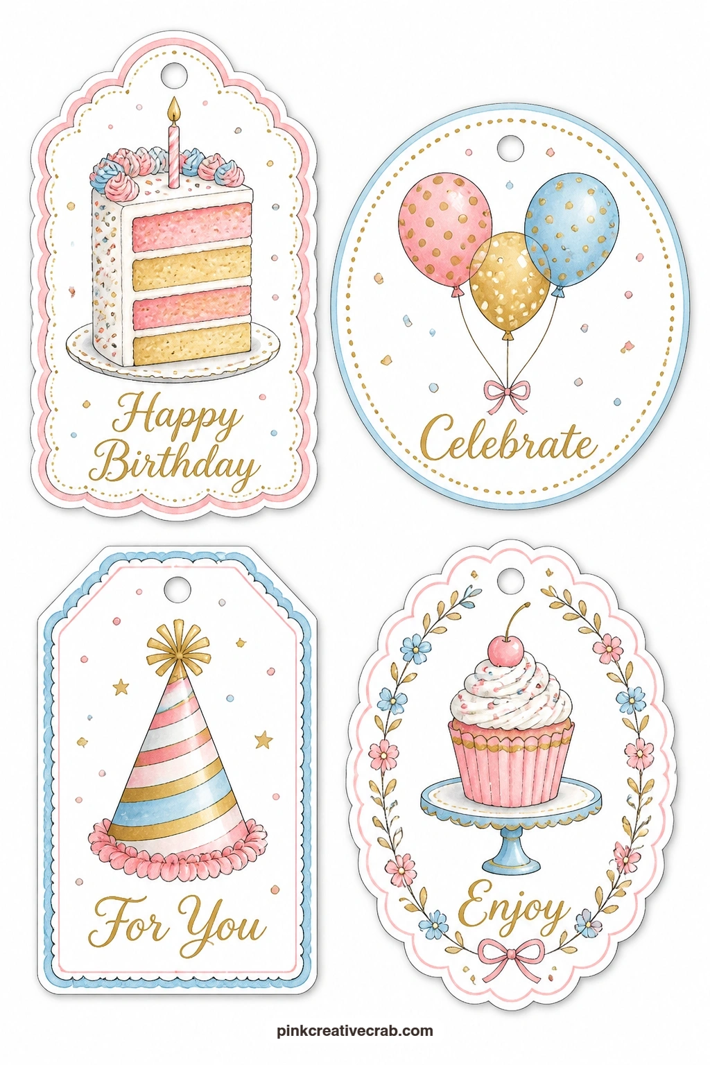 Layer Cake Gift Tags printable page — Starting the set off is a scalloped tag with a tall slice of layer cake, a round tag with three floating balloons and a