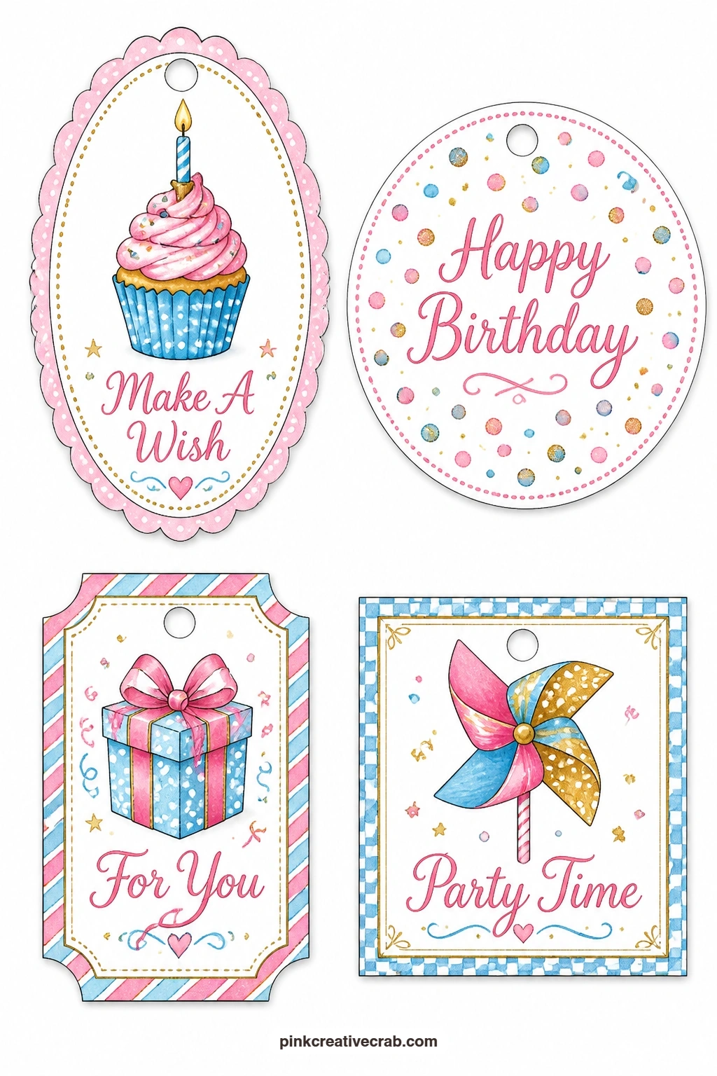 Cupcake and Confetti Tags printable page — An oval tag with a single cupcake topped with one candle, a round tag scattered with confetti, a ticket label with a