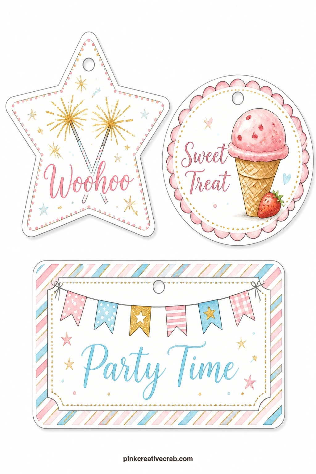 Sparklers and Sweet Treats printable page — Sparklers, pennants and a scoop of ice cream carry the party feeling forward: a star tag with two lit sparklers, a