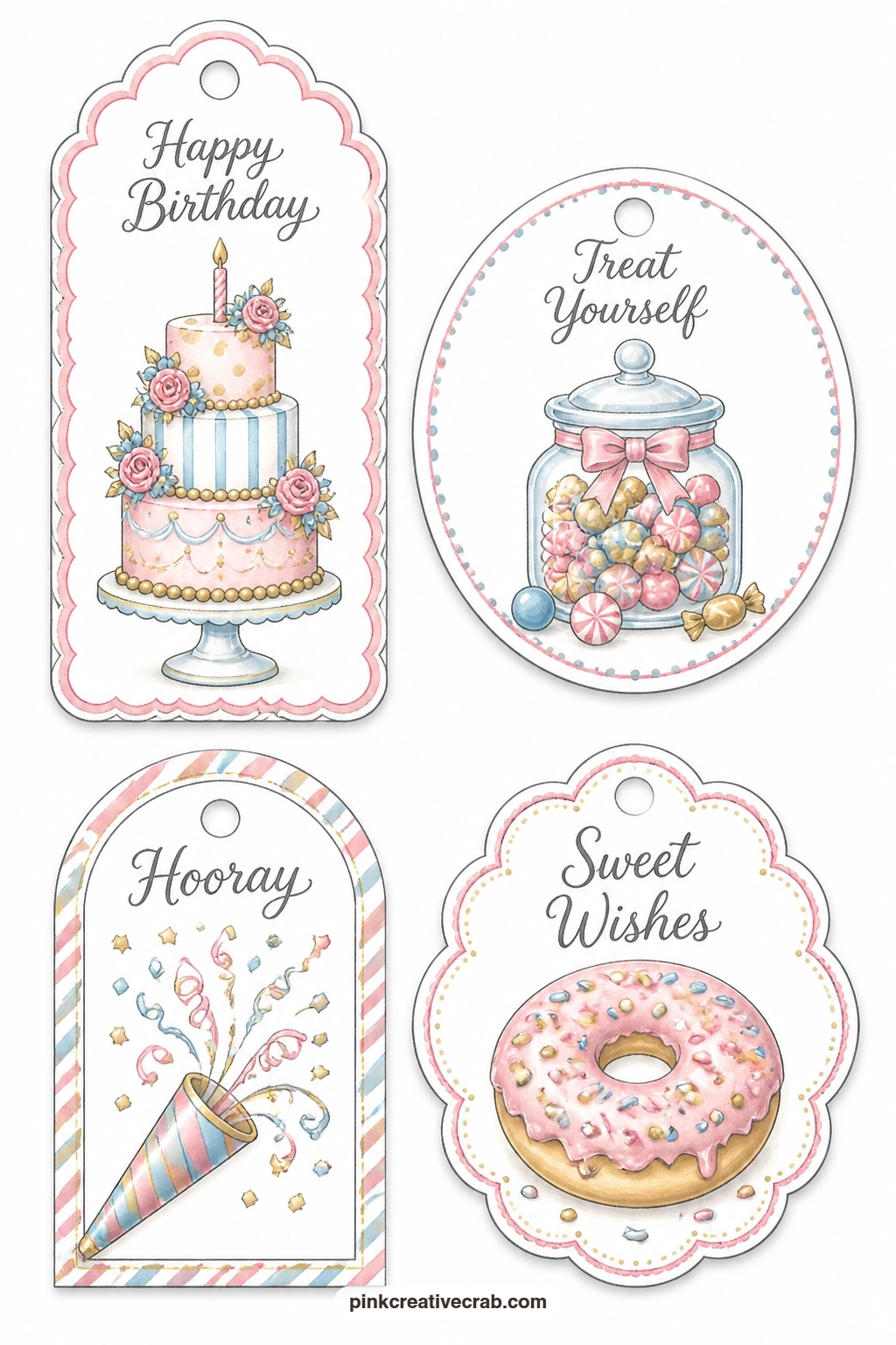 Tiered Cake and Party Horn printable page — A luggage tag with a tall tiered cake, a round tag holding a jar of mixed candy, an arched tag with a party horn