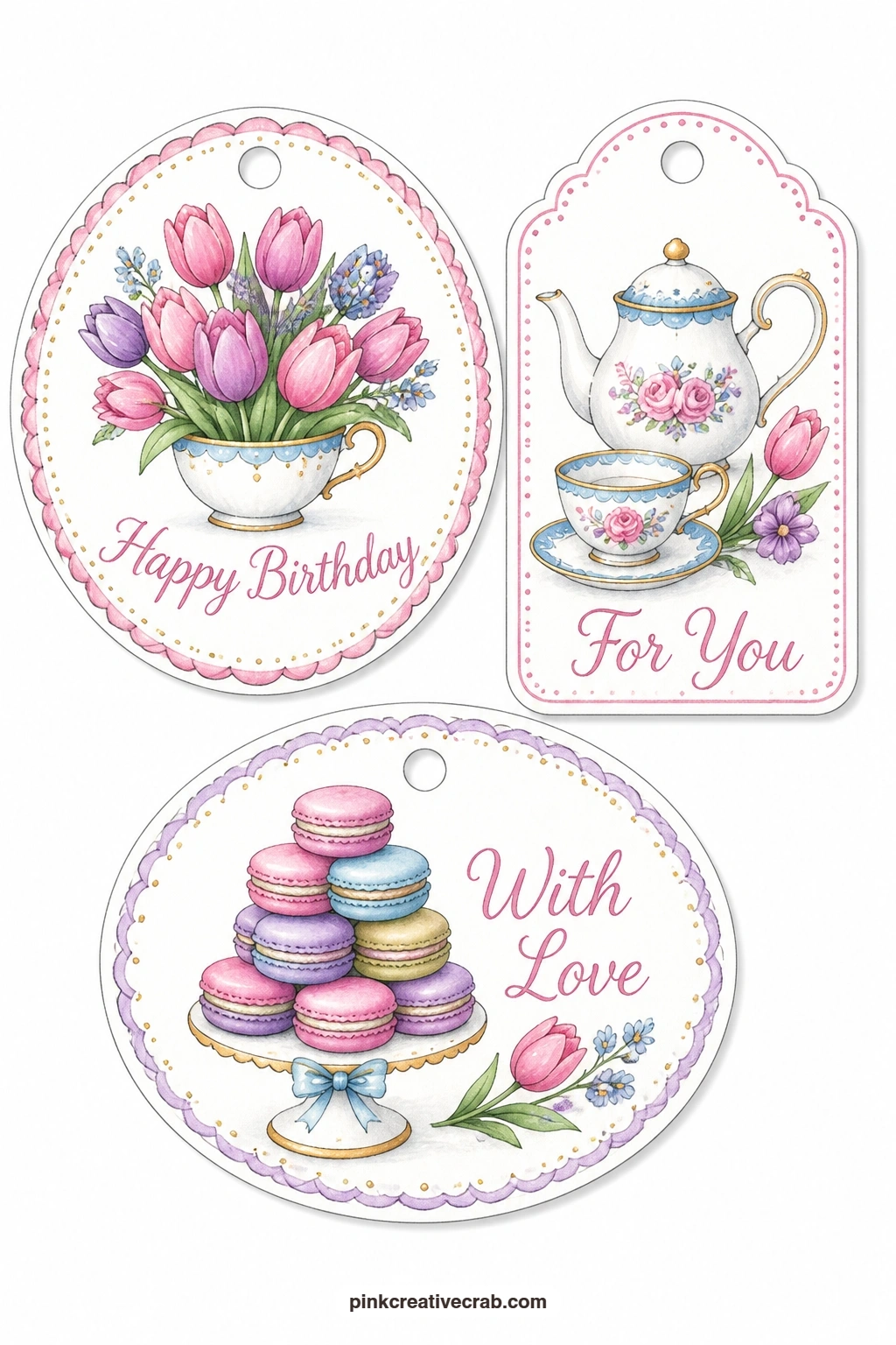 Tulips and Teatime printable page — Softer and a little more grown up, this trio suits a friend's birthday tea: a round tag with a bunch of tulips, a luggage