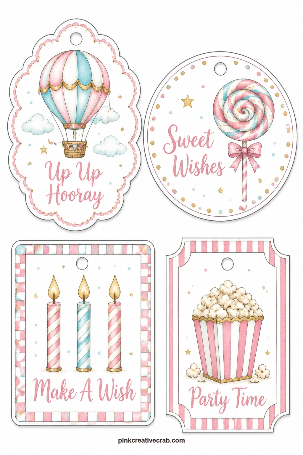 Hot Air Balloon and Candles printable page — A cloud-shaped tag with a floating hot air balloon, a round tag with a swirled lollipop, a square tag with three