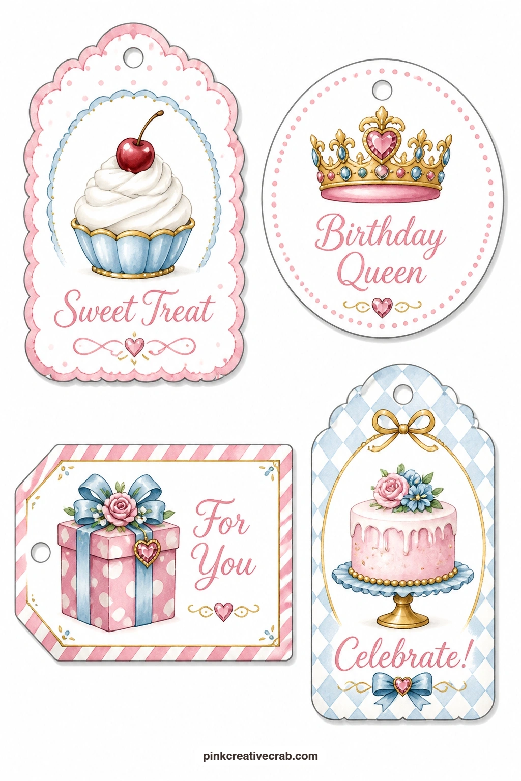 Crowns and Whipped Cream printable page — For the friend who likes a touch of fuss, this set leans sweeter: a scalloped tag with a cherry sitting on a swirl of