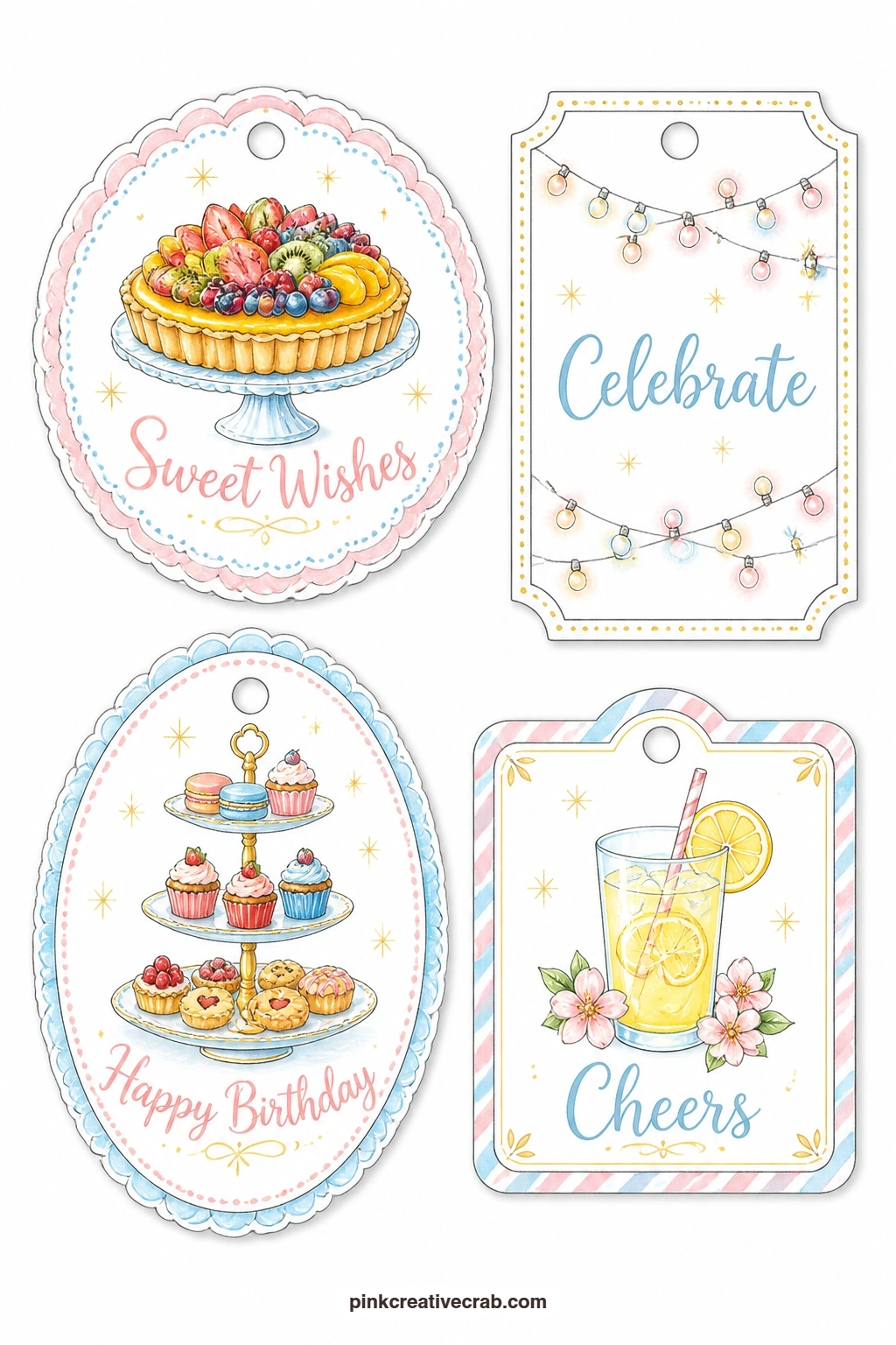 Fruit Tart and Fairy Lights printable page — A round tag with a fruit tart, a rectangular label strung with fairy lights, an oval tag showing a tiered cake