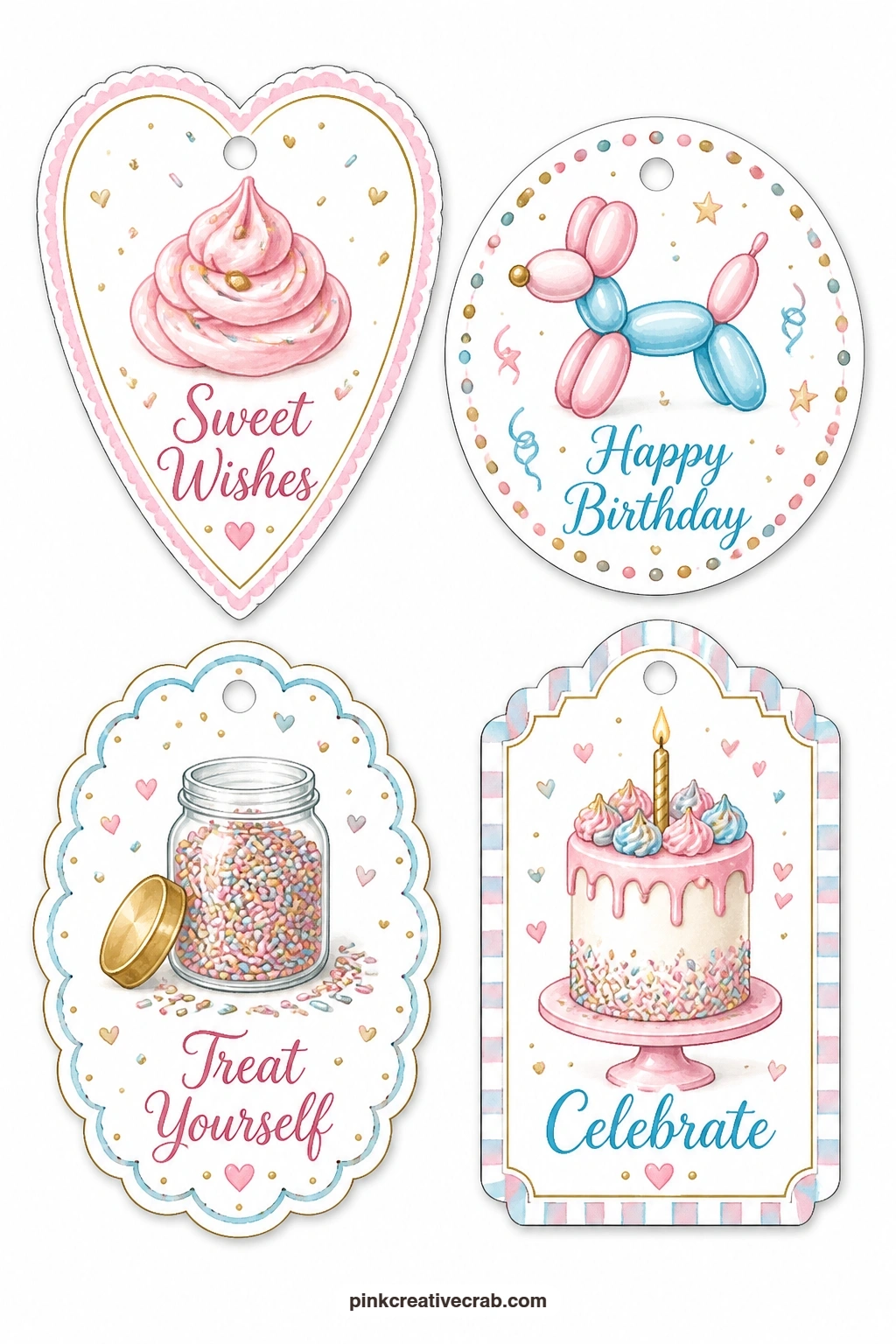 Frosting Swirl and Sprinkles printable page — A heart-shaped tag with a piped frosting swirl, a round tag with a balloon twisted into a dog and a scalloped tag